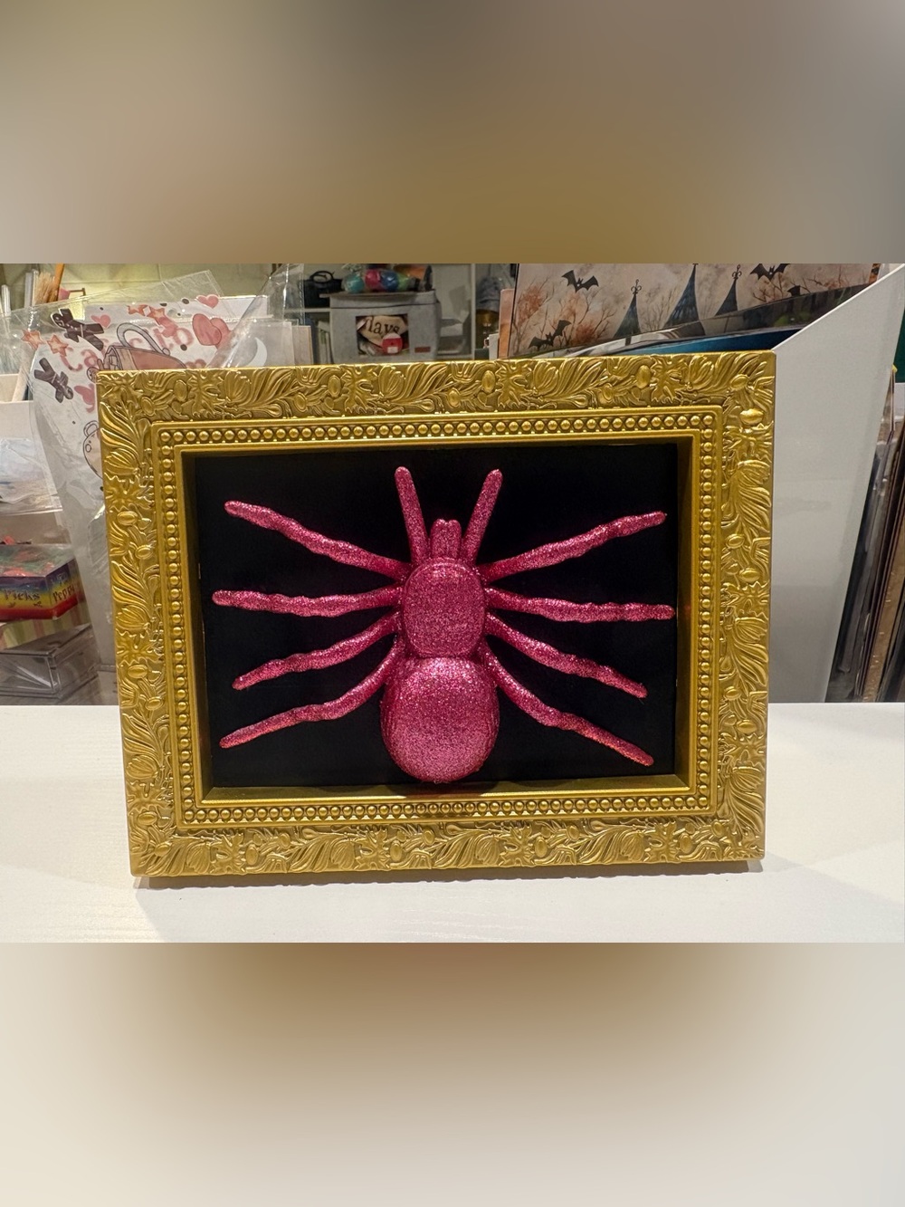 Pink Glitter Spider Wall Art in Ornate Gold Frame 9x7”